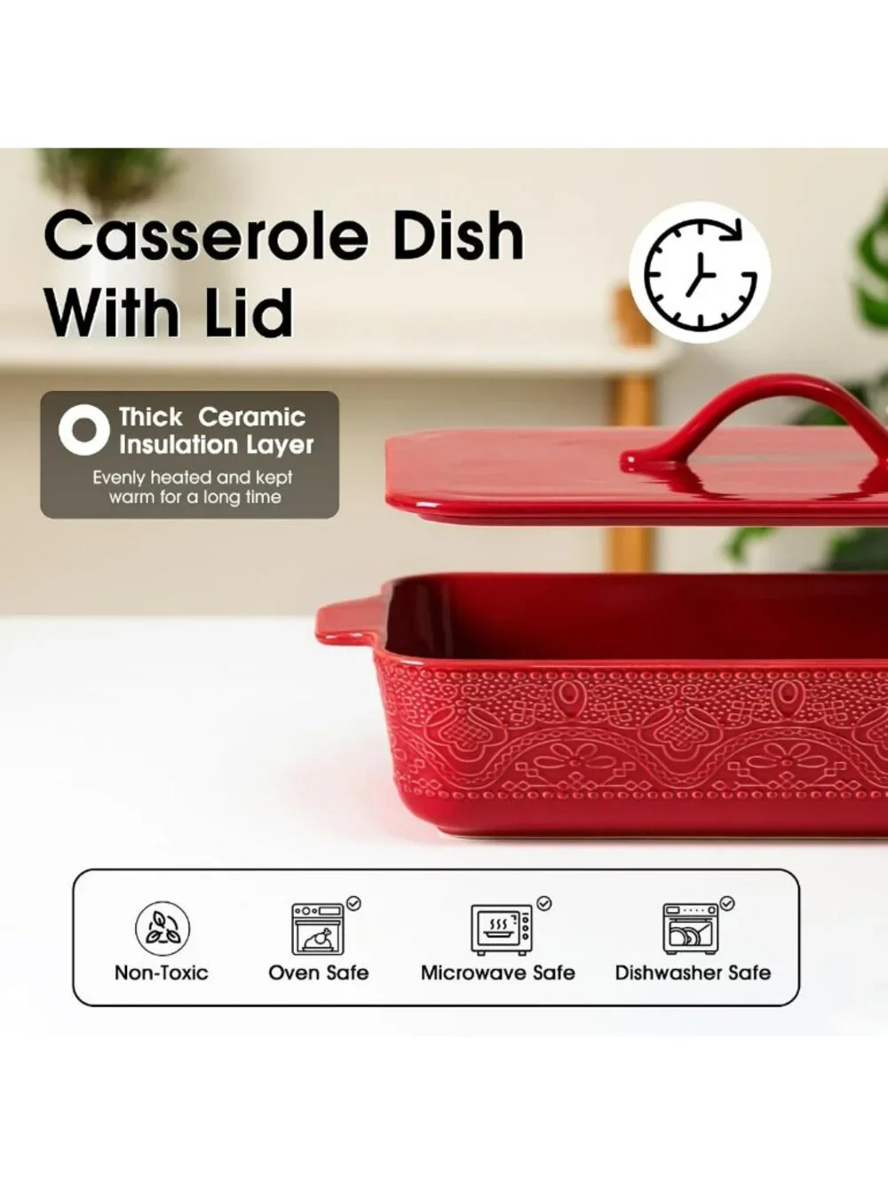 Ceramic Casserole Dish with Lid - 9x13 Rectangular Bakeware for Oven